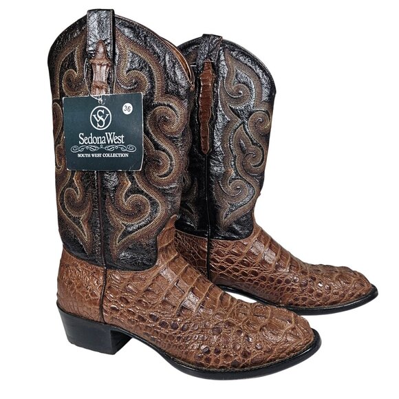 Sedona West Mens Cowboy Boots Leather Crocodile Print Cognac Brown Mens 7.5D NWT - Picture 14 of 14